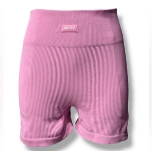 BO + TEE Pink Ribbed High Waisted Biker Shorts